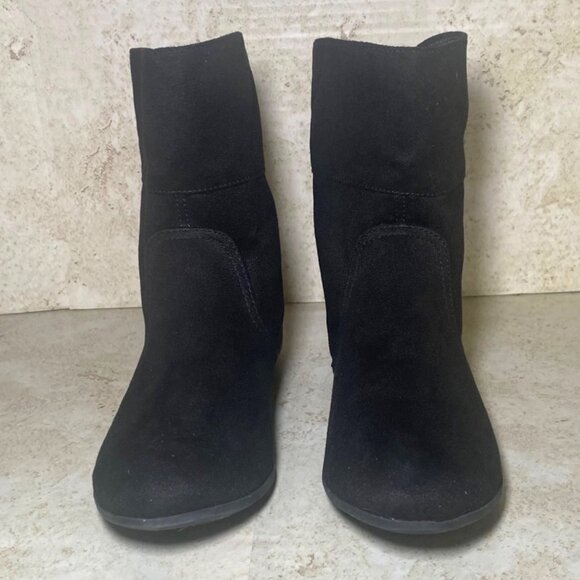 Black Faux Suede Slip On Ankle Boots With Buckle Detail & Rubber Sole - Picture 2 of 7